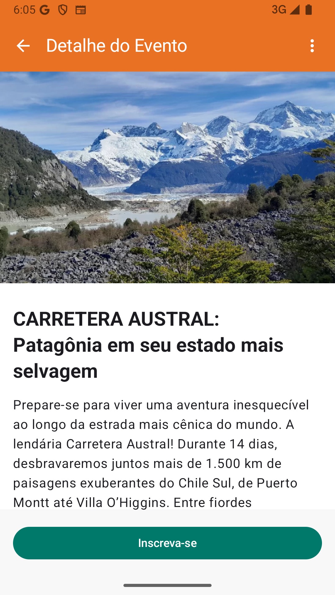 Detalhe de um evento outdoor no TrailMe, com descrição e botão de inscrição