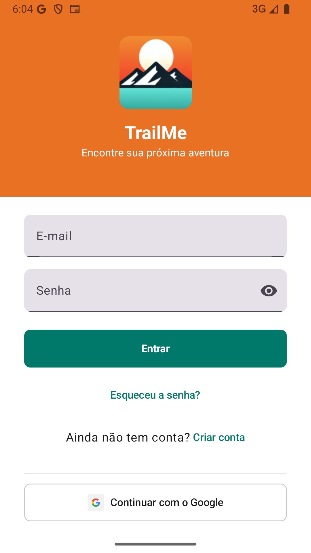 Tela de login do TrailMe no Android